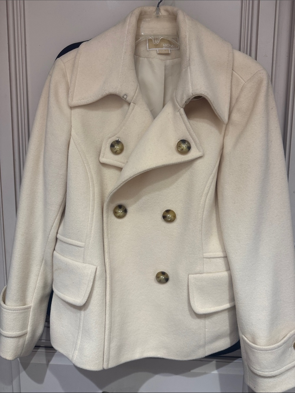 Michael Kors Cream Double-Breasted Wool Pea Coat